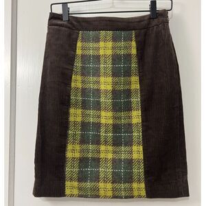 Anthropologie Maeve Women's Brown Green Corduroy Plaid Pencil Skirt Size 0